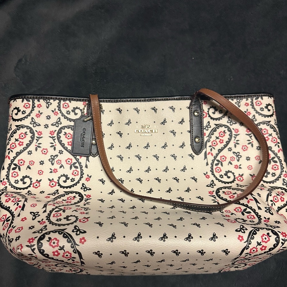 Coach Paisley Medium Trim Cream and Brown Tote with Floral Design